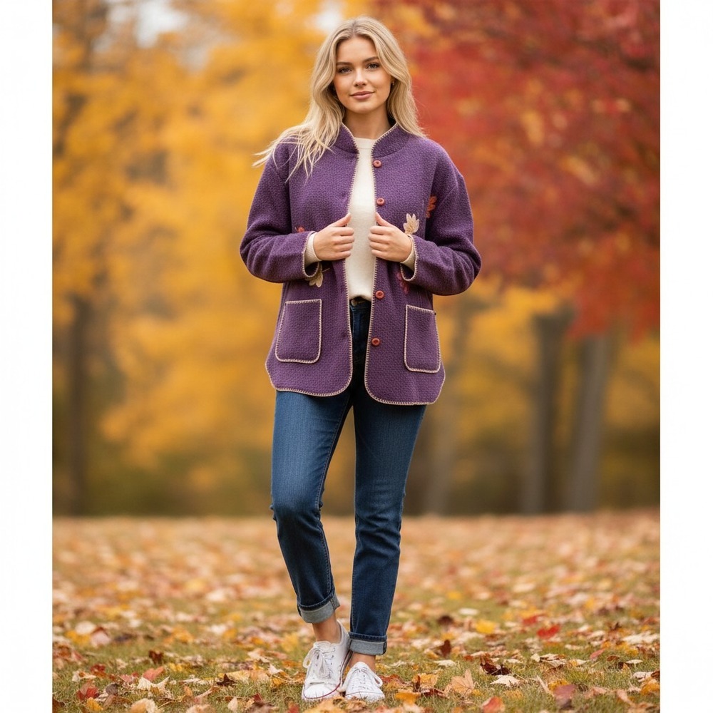 Harvest festival Purple Fall Sweater Jacket M teach grannycore Vtg leaf cardigan